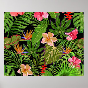 Poster Folhas Tropicais Coloridas e Flores de Hibisco  