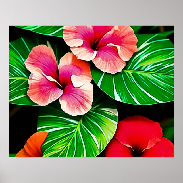 Poster Folhas Tropicais Coloridas e Flores de Hibisco | (Frente)