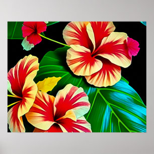 Poster Folhas Tropicais Coloridas e Flores de Hibisco