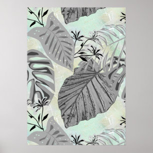 Poster Folhas tropicais e flores Cinzas.