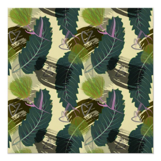 Pôster Folhas tropicais e flores de aquarela. (Frente)