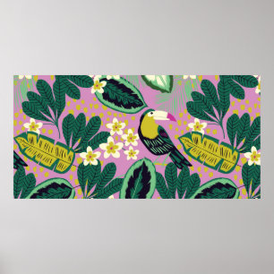 Poster Folhas tropicais, flores e aves de tucano, sem cos