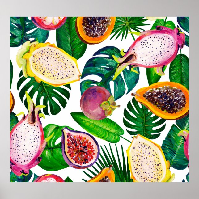 Poster Folhas tropicais, frutas, padrão sem costura de gu (Frente)