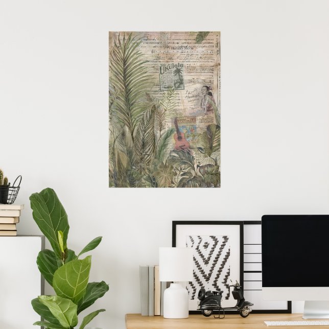 Poster Folhas Tropicais Vintage com Ukulele (Escritório em casa)