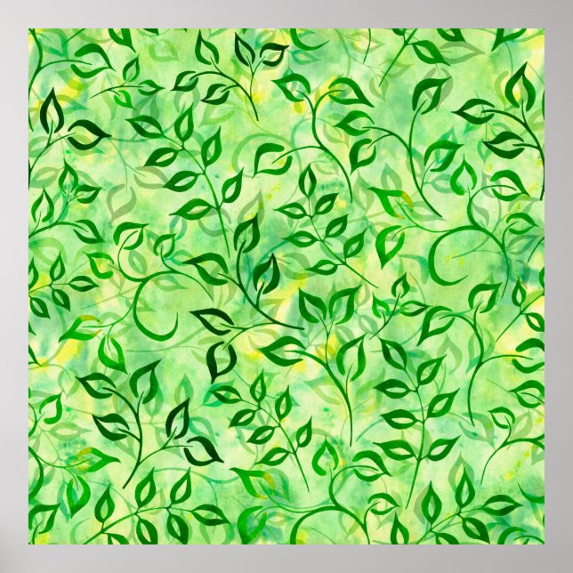 Poster Folhas verde-aquarela num fundo amarelo-esverdeado (Frente)