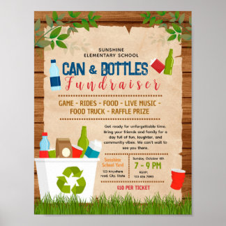 Poster folheto de angariação de fundos de latas e garrafa