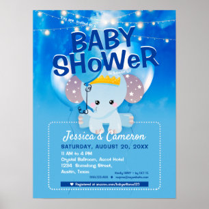 Poster Folheto de Bebê - Elefante Azul e Balões