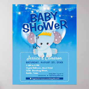 Poster Folheto de Bebê - Elefante Azul e Balões