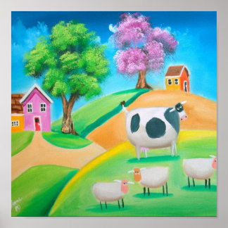 Pôster Folheto e pintura colorida de vaca e ovelha