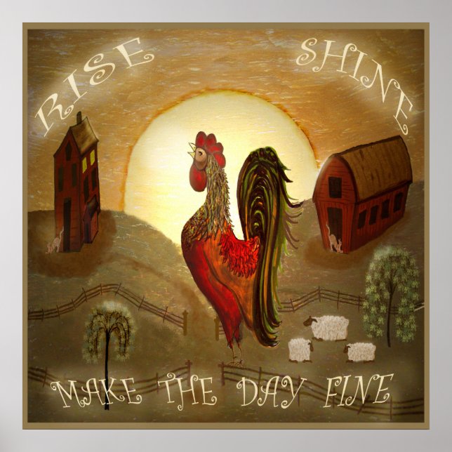Poster Folk Art Rooster Rise and Shine fazenda 24" x 24" (Frente)