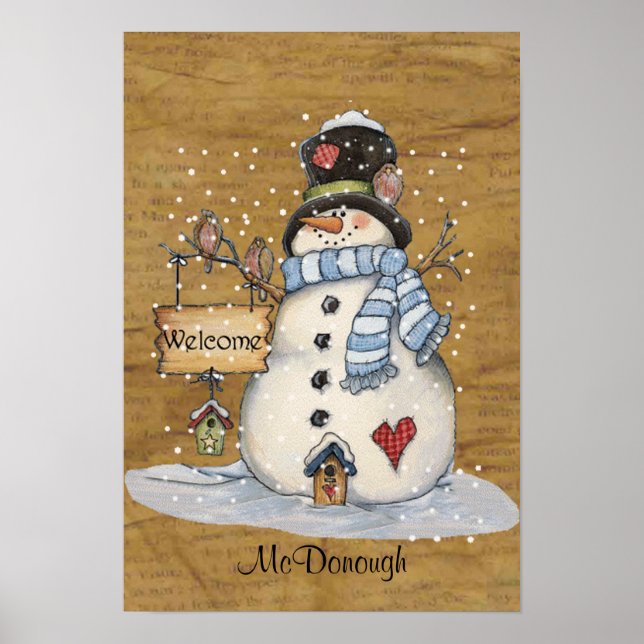 Poster Folk Art Snowman no jornal antigo (Frente)