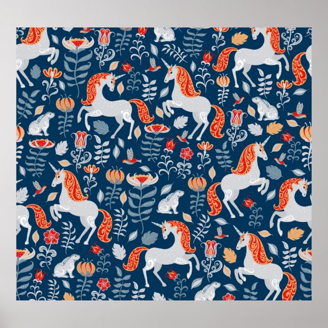 Poster Folk Fantasy: Unicórnios, Coelhos, Pássaros (Frente)