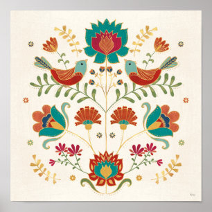 Poster Folk Floral com Aves 2