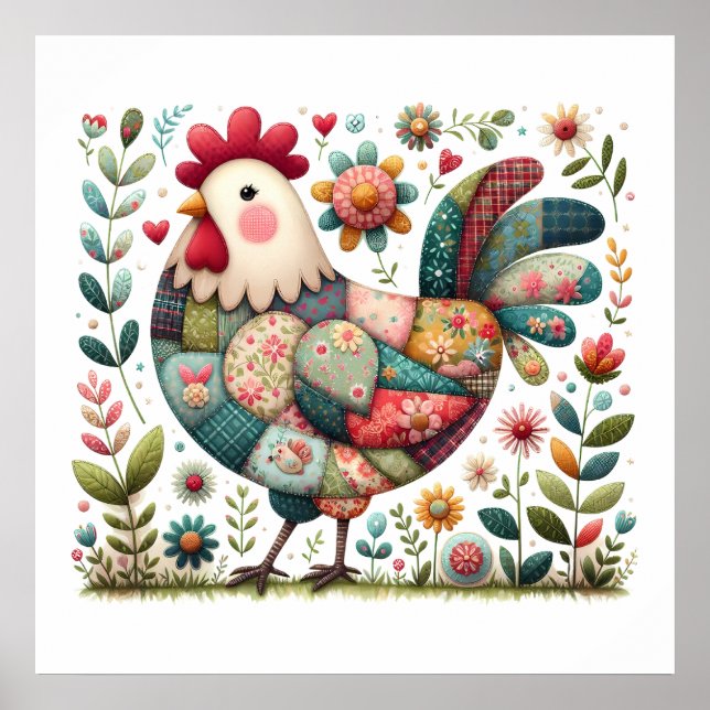 Poster Folk Patchwork Rooster with Floral Accents (Frente)