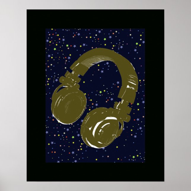Pôster fone de ouvido do dj e estrelas do céu (Frente)
