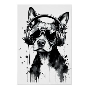 Pôster fones de ouvido de cães legal Coroa preta e tinta