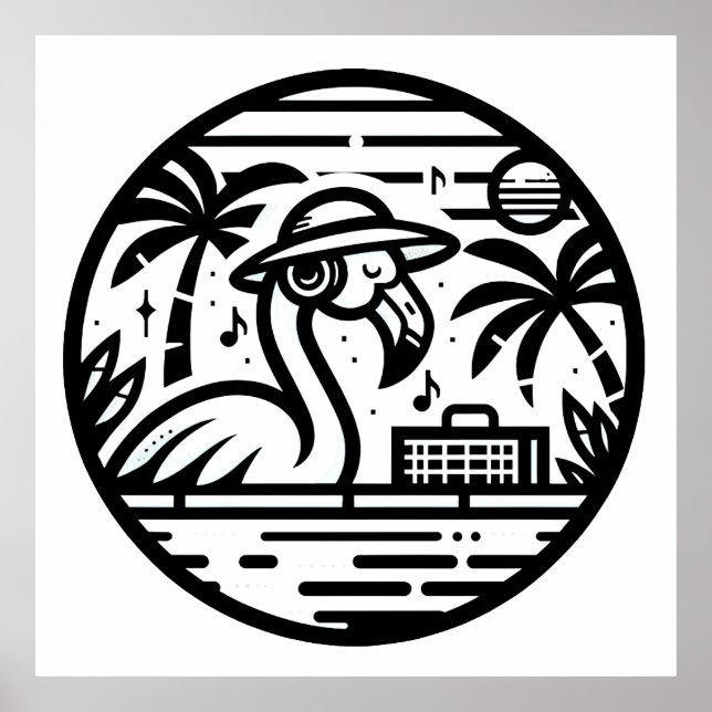 Poster Fones de ouvido Flamingo Pretos e Brancos e Tropia (Frente)