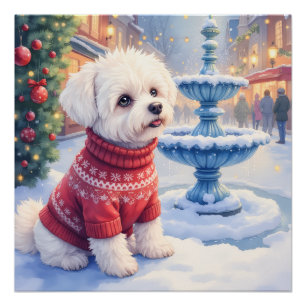 Pôster Fonte Festiva de Bichon Frise em Aquarela Natal
