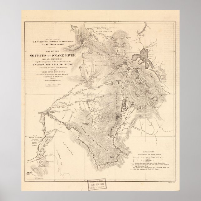 Poster Fontes de Mapa do Rio Cobra Wyoming, em 1870, Idah (Frente)