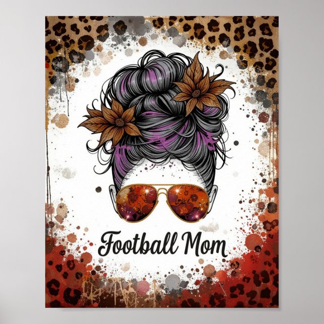 Poster Football Mom Leopard Messy Bun Purple Floral (Frente)