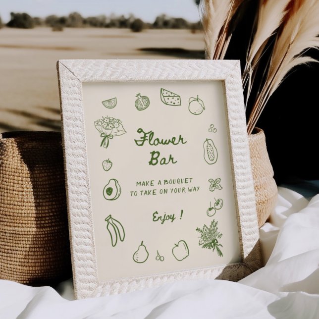 Poster Fora Do Mercado, Bar De Flor Desenhado À Mão Verde (Criador carregado)