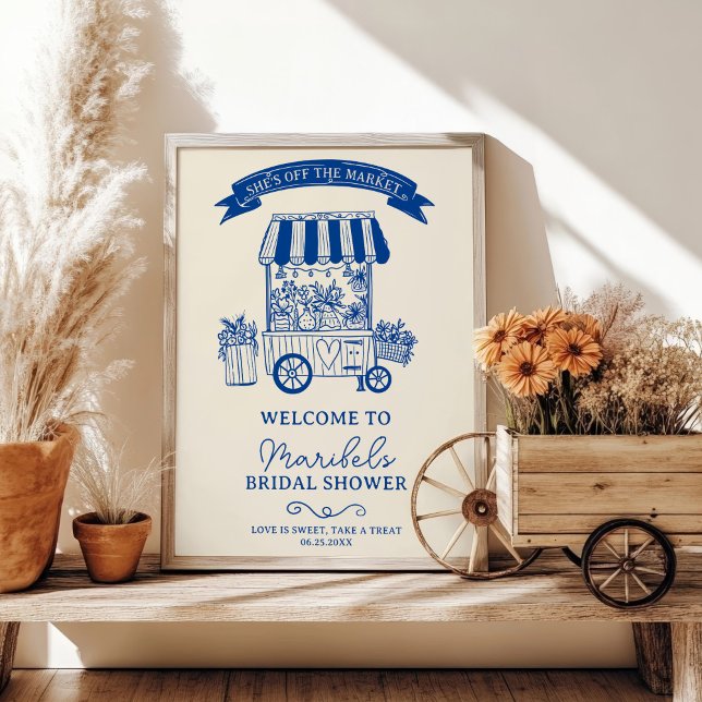 Poster Fora do mercado, bolhas azuis. (Off the market blue scribbles bridal welcome poster)