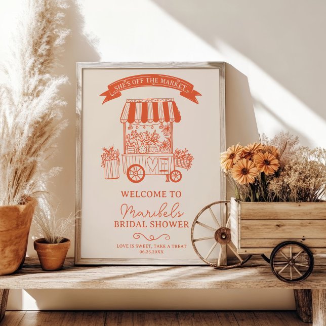 Poster Fora do mercado, escrivores laranja, boas-vindas (Off the market orange scribbles bridal welcome poster)