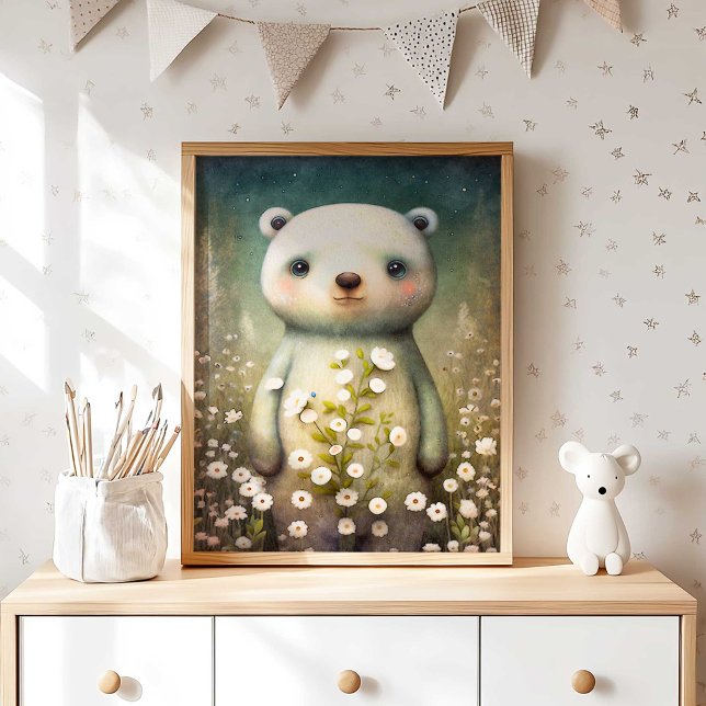 Poster Forest Baby Bear Flower | Bear Wall Print (Woodland Bear Nursery Wall Decor | Gender Neutral by TinkPrints.)