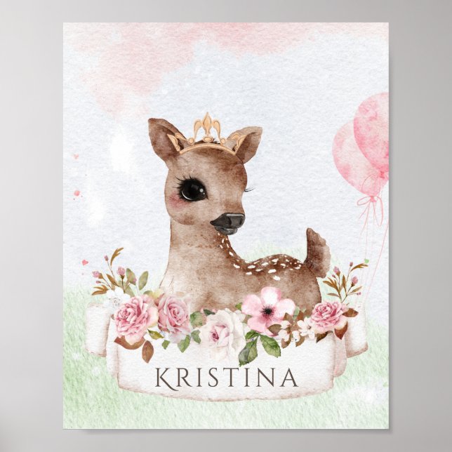 Poster Forest Woodland Baby Girl Deer Watercolor (Frente)