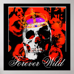Poster Forever Wild Crânios Góticos Rosas Vermelhas