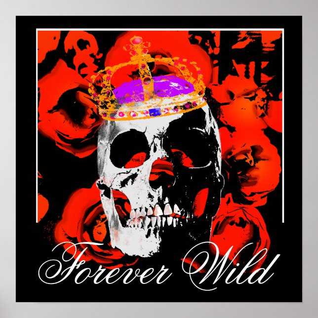 Poster Forever Wild Crânios Góticos Rosas Vermelhas (Frente)