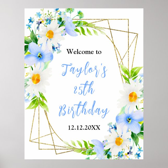 Poster Forget-Me-Nots Daisies Birthday Party Welcome Sign (Frente)
