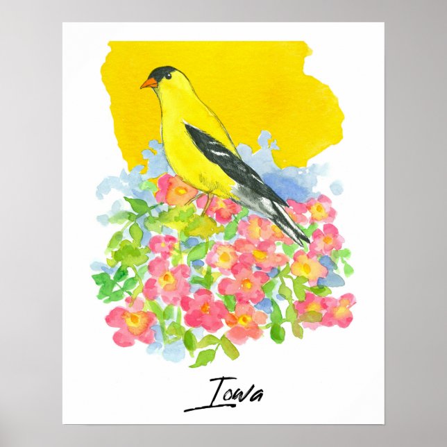 Poster Forma do Estado de Iowa com Pintassilgo-dourado e  (Frente)