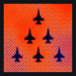 Poster Formação de F16s em laranja. Pop Art<br><div class="desc">Formação de F16s na Arte Pop Laranja. Inspirada por alguns trabalhos de Andy, como "Carro Crash in Orange", a Design tem um grande efeito de ponto de meio tom para dar à design a a Pop. A cor é laranja e os planos são azuis-escuros, embora a design também inclua pontos...</div>