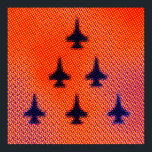Poster Formação de F16s em laranja. Pop Art<br><div class="desc">Formação de F16s na Arte Pop Laranja. Inspirada por alguns trabalhos de Andy, como "Carro Crash in Orange", a Design tem um grande efeito de ponto de meio tom para dar à design a a Pop. A cor é laranja e os planos são azuis-escuros, embora a design também inclua pontos...</div>