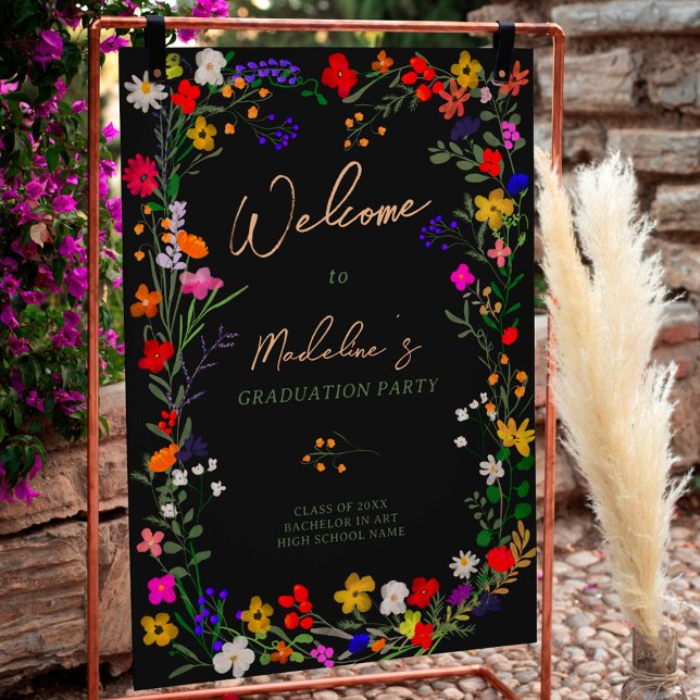 Poster Formação moderna de flores silvestres de chic boho (Modern chic boho wild flowers graduation welcome poster black)