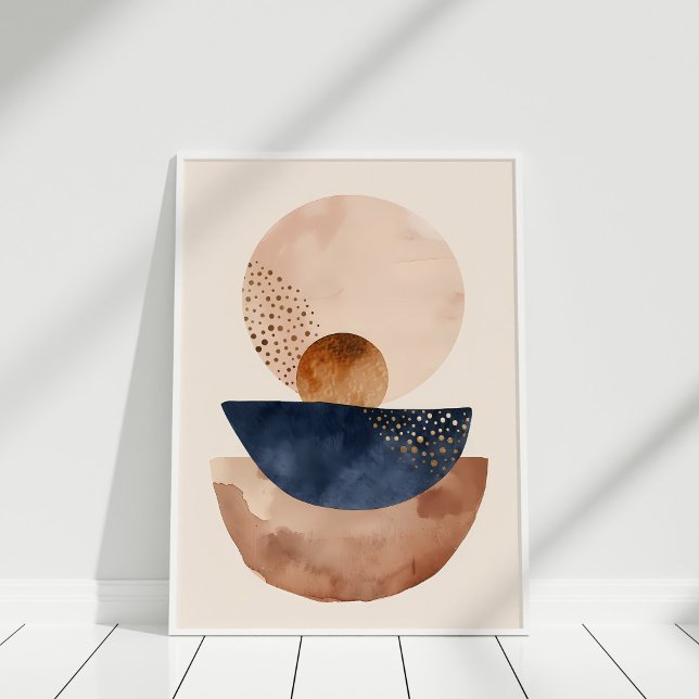Poster Formas de Abstrato de Marinho de Terracotta com  d (Watercolor Navy Terracotta Blush Abstract Shapes Poster in a white frame.)