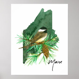 Poster Formato do Estado do Maine Black Capped Chickadee