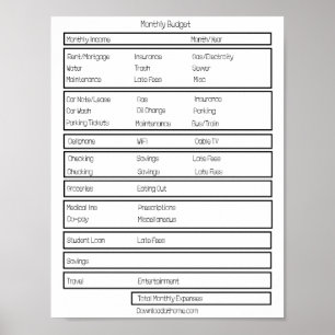 Poster Formulários de Orçamento Mensal. Controlar as suas