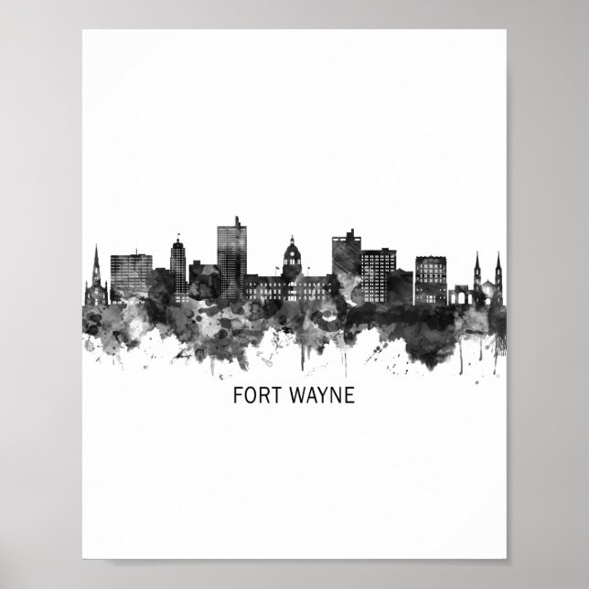 Poster Fort Wayne Indiana Skyline BW (Frente)