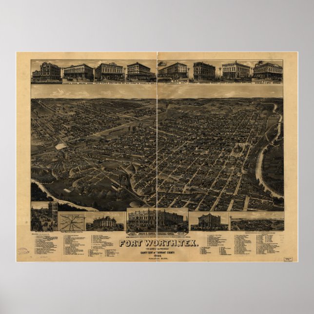 Poster Fort Worth Texas 1886 Mapa Panorâmico Antiquado (Frente)