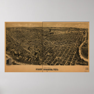 Poster Fort Worth Texas 1891 Mapa Panorâmico Antiquado
