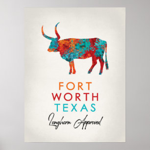 Poster Fort Worth Texas Colorido Longhorn