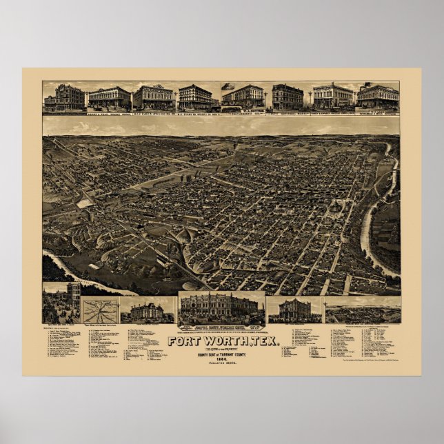 Poster Fort Worth, TX Panorâmica Map - 1886 (Frente)