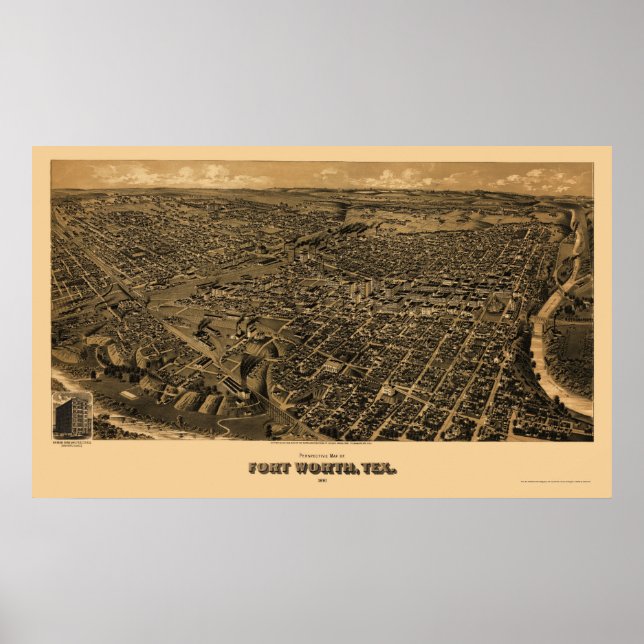 Pôster Fort Worth, TX Panorâmica Map - 1891 (Frente)