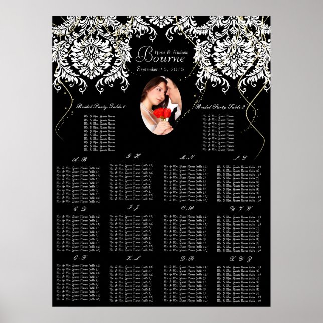 Pôster Foto: Black White Damask 140 + Seating Chart (Dama (Frente)