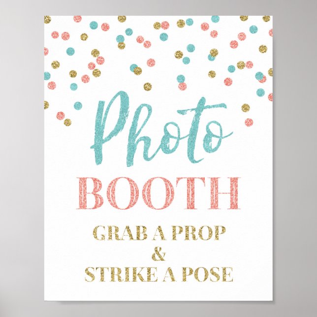Pôster Foto Booth Sinal Dourado de Teal Coral Confetti (Frente)