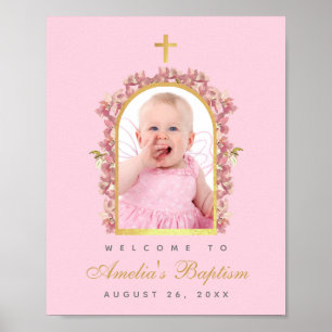 Poster Foto de Batismo de Menina Rosa Arco Dourado Orquíd
