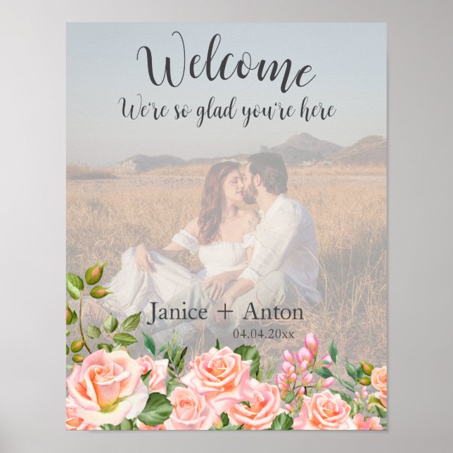 Poster Foto de boas-vindas do Casamento Botânico Rosa-Ros (Frente)