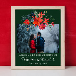 Poster Foto de Casamento de Natal Verde Poinsettia Floral